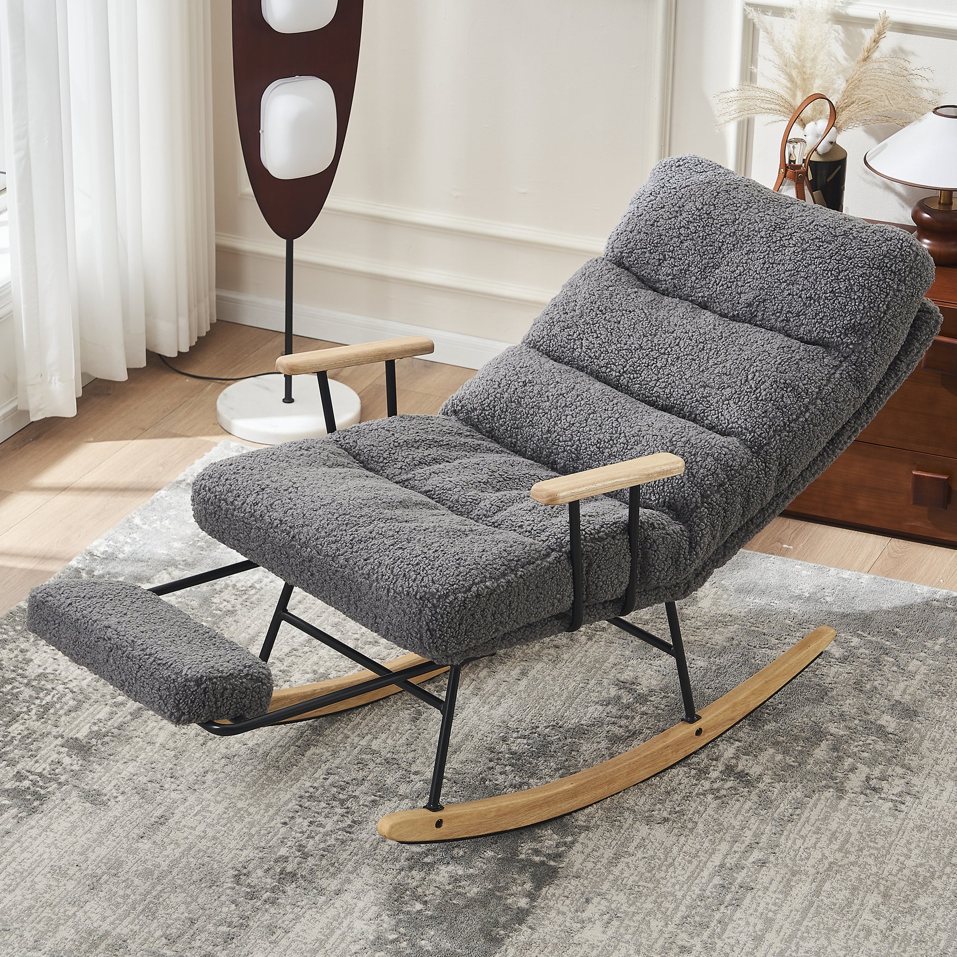 Modern Teddy Gliding Rocking Chair With High Back, Retractable Footrest, And Adjustable Back Angle For Nursery, Living Room, And Bedroom, Gray Gray Fabric