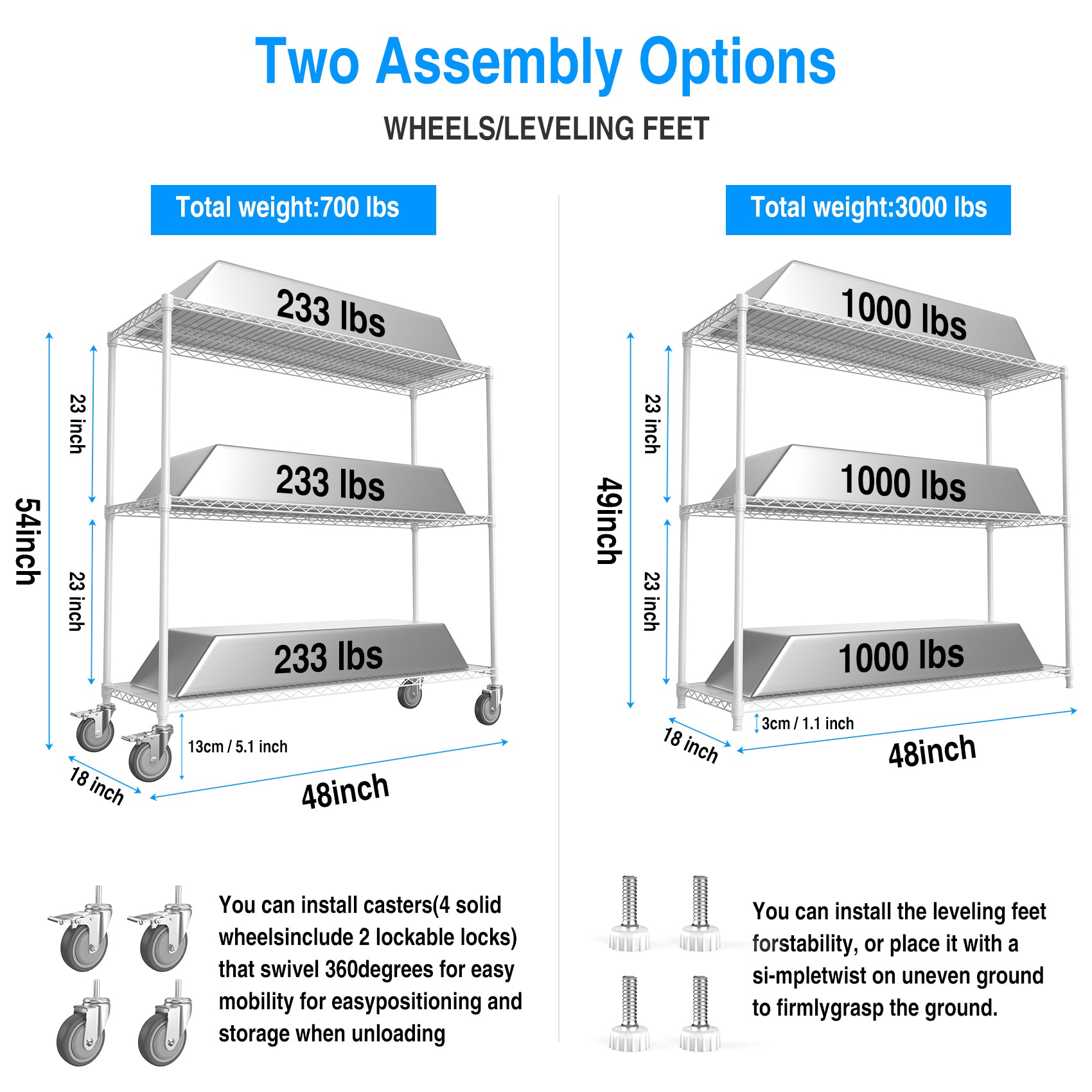 3 Tier Shelf Wire Shelving Unit 3000Lbs, 3T1848 3Klb W Lkj White Iron Plastic