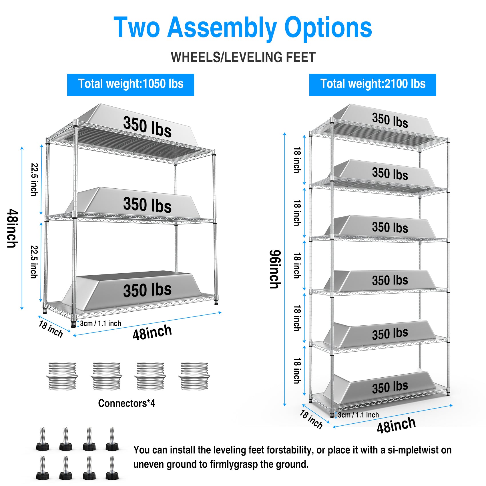 2 Pack 3 Tier Shelf Wire Shelving Unit, 2P 3Twl1848 C Lkj Chrome Iron Plastic