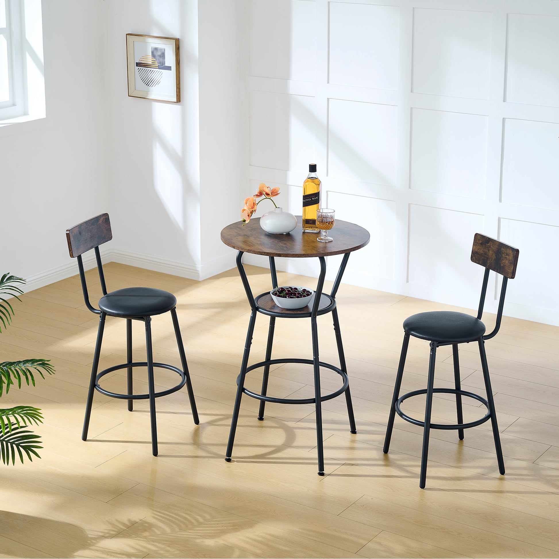 Round Bar Table And Stool Set With Shelf, Upholstered Stool With Backrest, Rustic Brown, 24.17"W X 24.17"D X 36.02"H Upholstered Chair Wood Antique Brown Seats 2 Metal Dining Room Antique 4 Leg Round Dining Table With Chair Metal & Wood