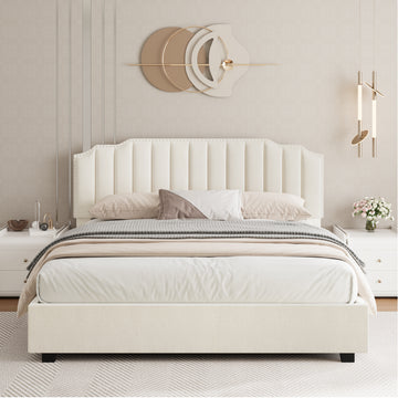Lift Up Velvet Beige Queen Size Bed Box Spring Not Required Queen Beige Wood Light Brown Bedroom American Design Poplar Slat Beds Foam Velvet Upholstered