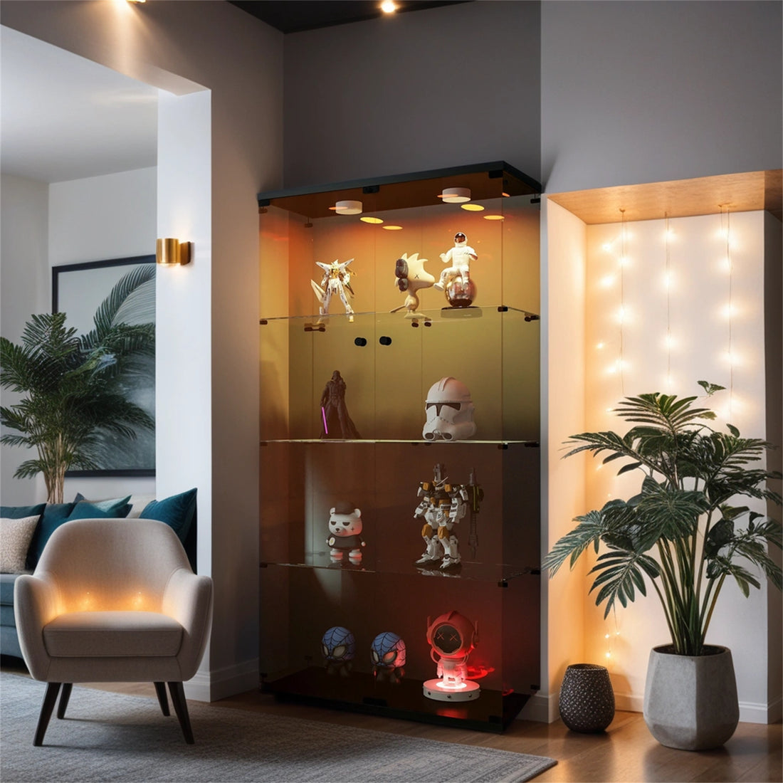 Lighted Two Door Glass Cabinet Glass Display Cabinet With 4 Shelves, Brown Black Brown Glass