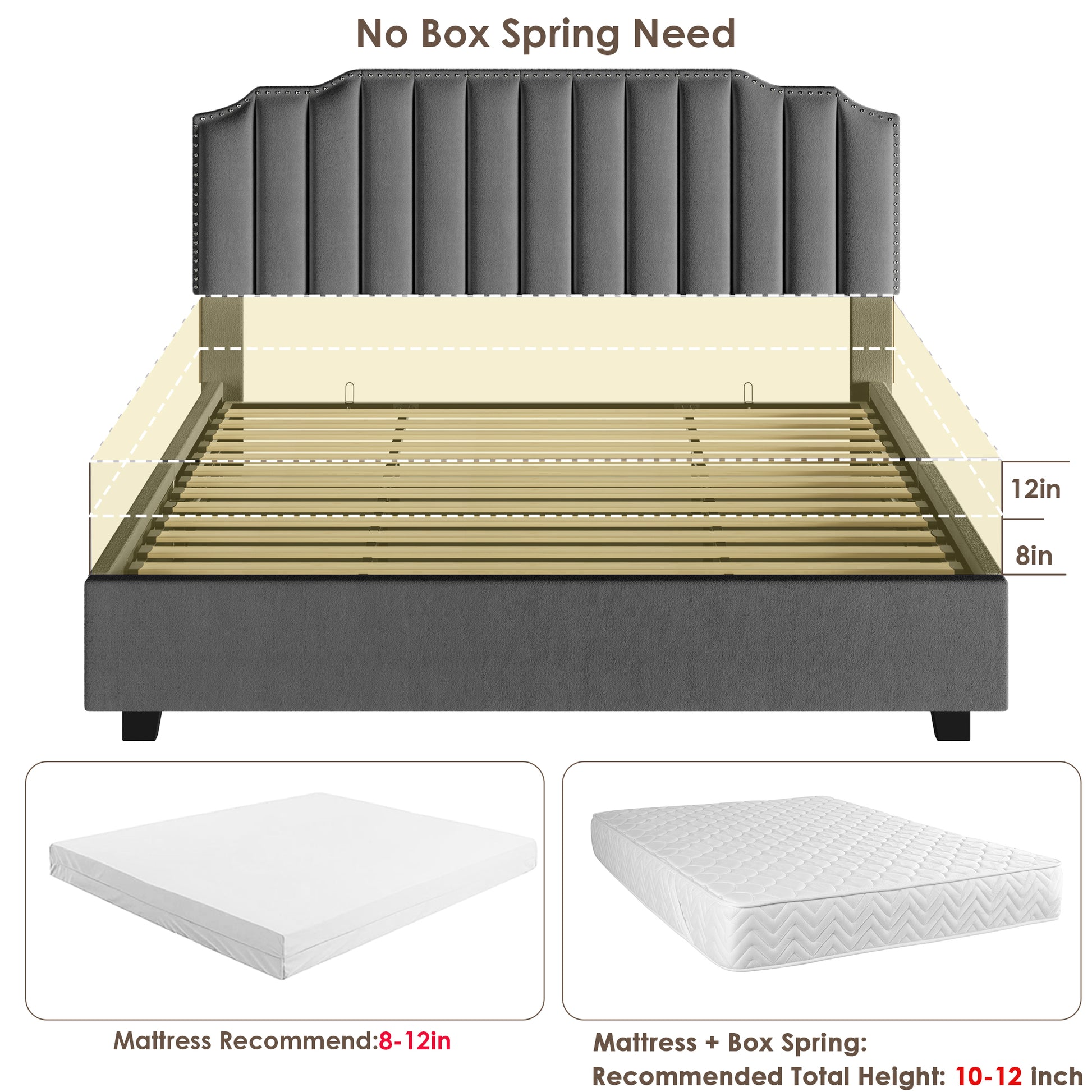Lift Up Queen Size Bed Velvet Grey Box Spring Not Required Queen Gray Wood Light Brown Bedroom American Design Poplar Slat Beds Foam Velvet Upholstered