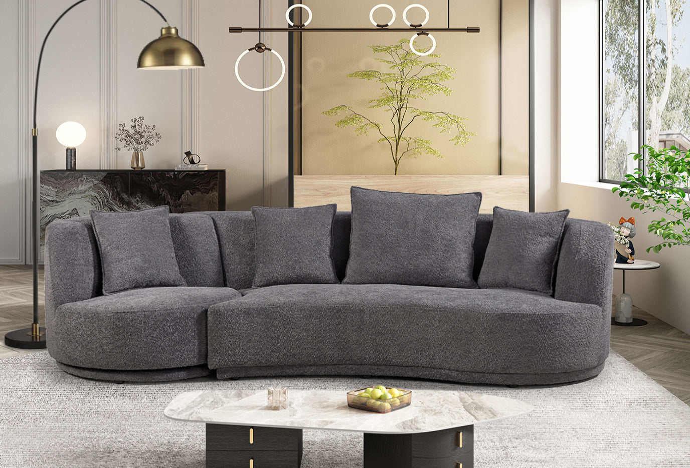 Liyasi Living Room Sofa Set With Luxury Teddy Fleece2 Seaterarmchair Swivel 360 Degree Grey Polyester Wood Primary Living Space Eucalyptus Foam Fabric 3 Seat