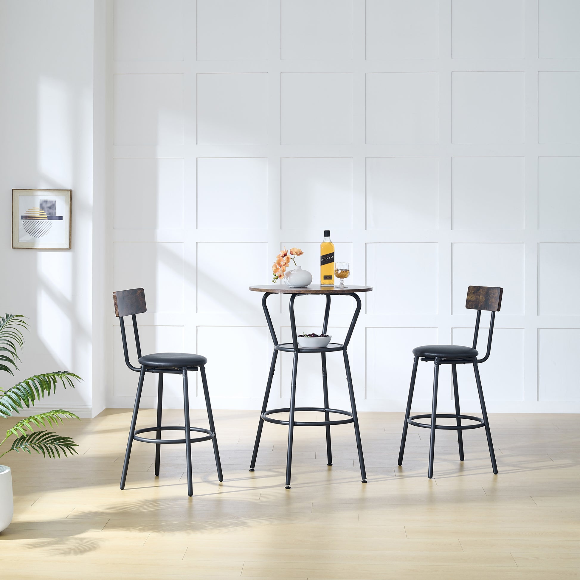 Round Bar Table And Stool Set With Shelf, Upholstered Stool With Backrest, Rustic Brown, 24.17"W X 24.17"D X 36.02"H Upholstered Chair Wood Antique Brown Seats 2 Metal Dining Room Antique 4 Leg Round Dining Table With Chair Metal & Wood