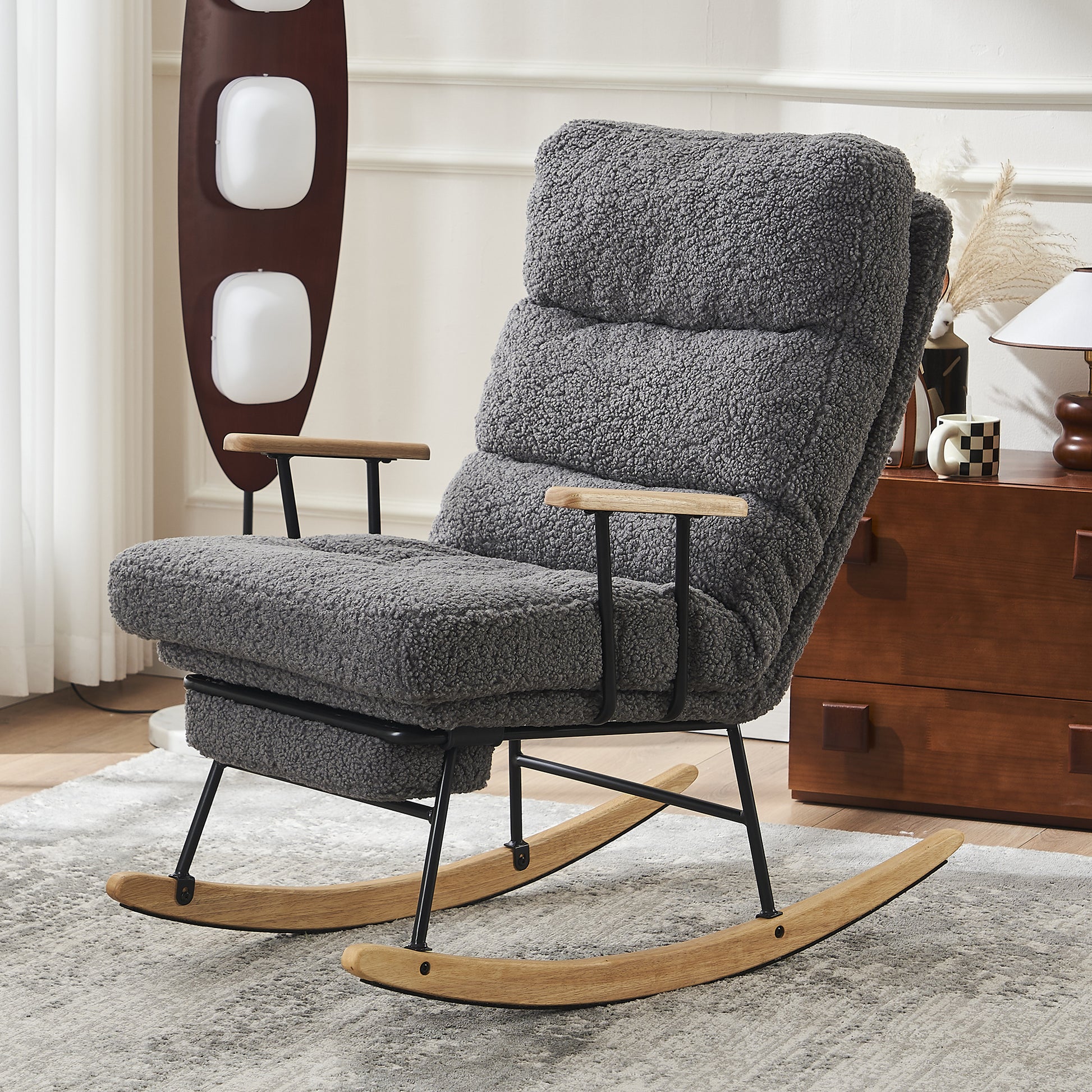 Modern Teddy Gliding Rocking Chair With High Back, Retractable Footrest, And Adjustable Back Angle For Nursery, Living Room, And Bedroom, Gray Gray Fabric