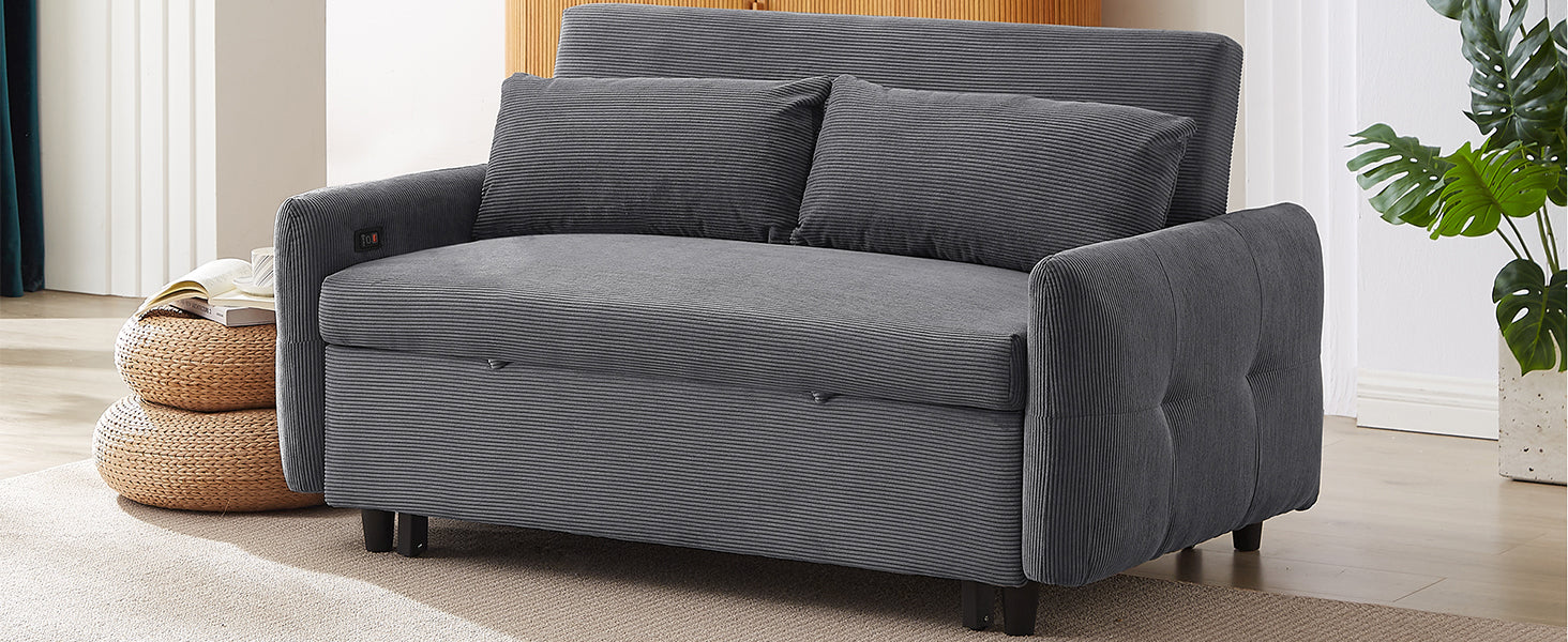 57.48" Pull Out Sofa Bed Convertible Couch 2 Seat Loveseat Sofa Modern Sleeper Sofa With Two Throw Pillows And Usb Ports For Living Room, Dark Grey Dark Grey Foam Corduroy