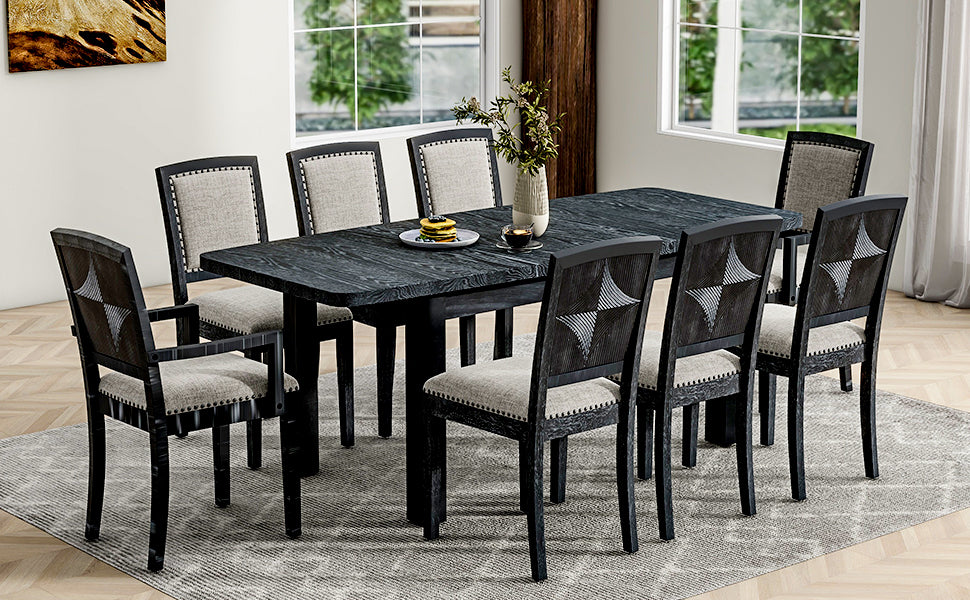 Rustic Extendable 84Inch Dining Table Set With 24Inch Removable Leaf6 Upholstered Armless Dining Chairs And 2 Padded Arm Chairs, 9 Pieces, Black Wood Dining Room Extendable Rubberwood Rectangular Dining Table With Chair Upholstered Chair Wood Black Gray