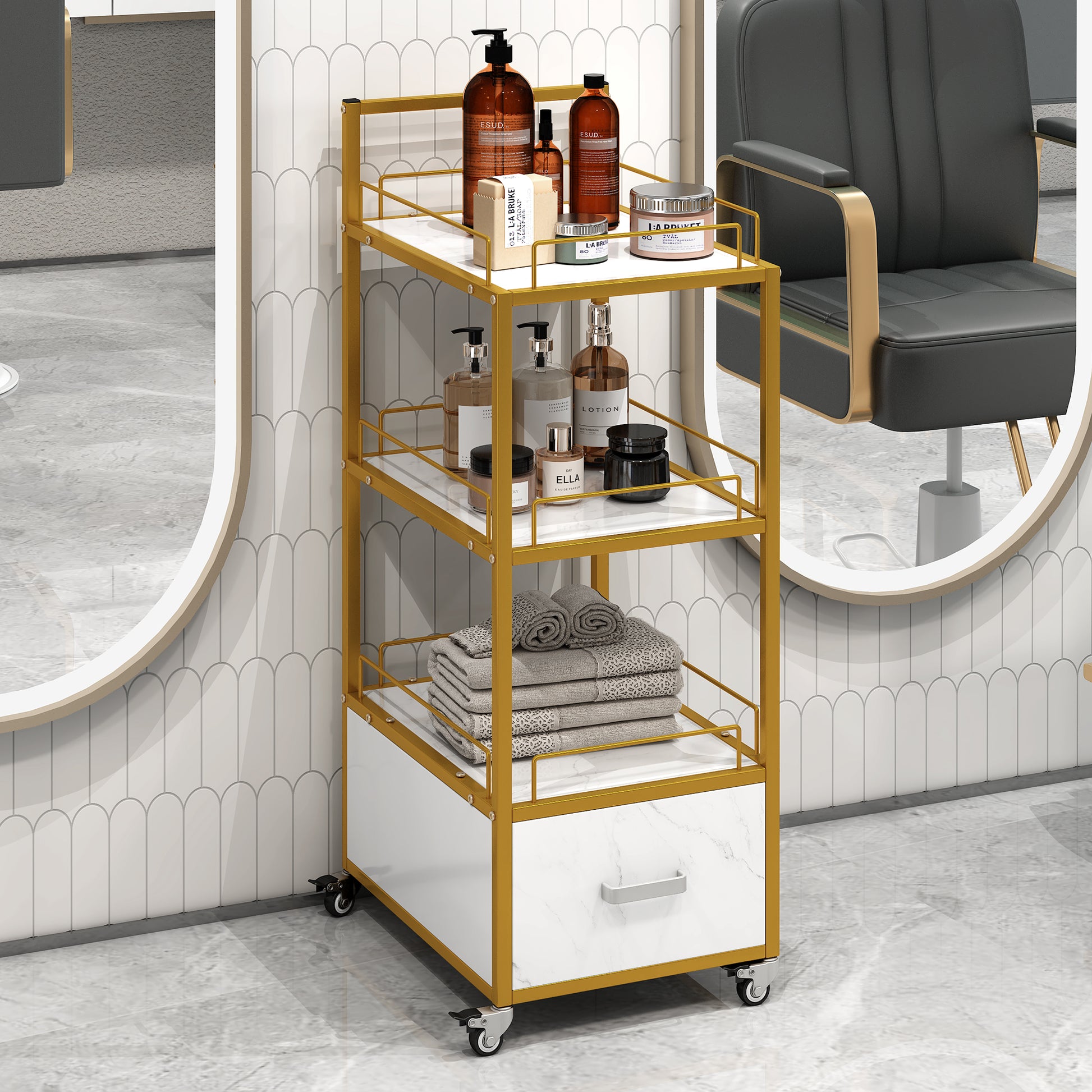 Beauty Salon Storage Trolley Cart,With Lockable Rolling Wheels,Metal Frame Marbled Board,Drawer Barber Salon Furniture,White Gold White Modern Mdf Mdf Metal