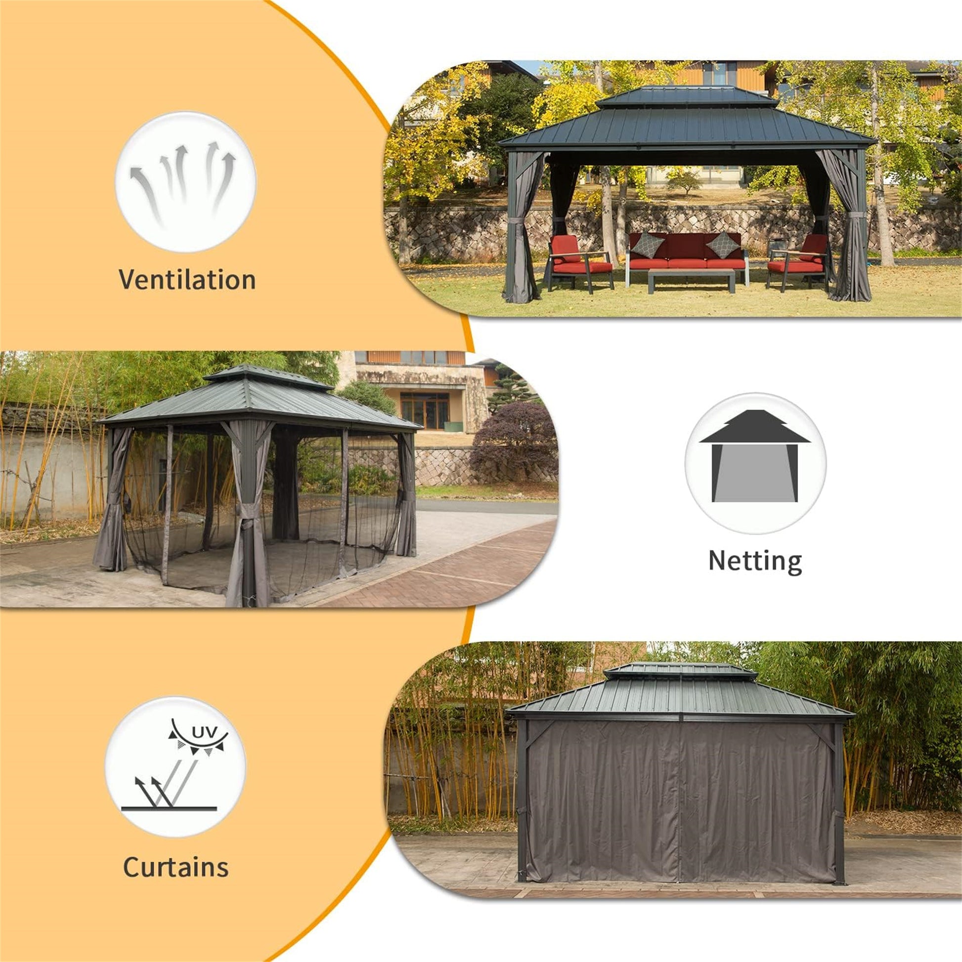 10' X 14' Hardtop Gazebo, Aluminum Metal Gazebo With Galvanized Steel Double Roof Canopy, Curtain And Netting, Permanent Gazebo Pavilion For Patio, Backyard, Deck, Lawn Gray Aluminum