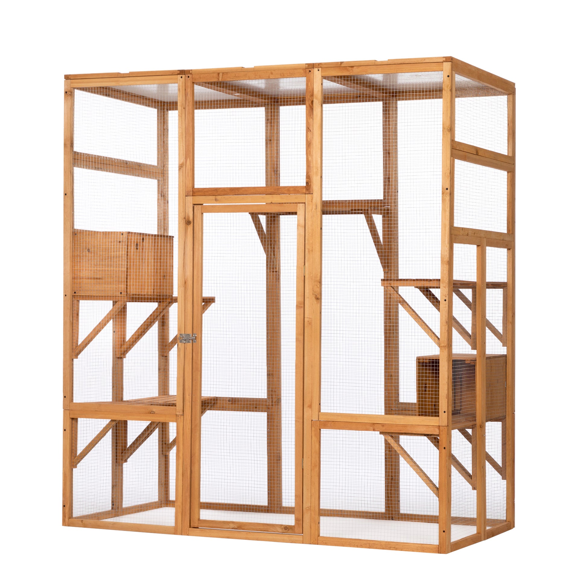 Outdoor Cat Enclosure, Large Wood Cat Cage With Sunlight Top Panel, Perches, Sleeping Boxes, Pet Playpen, Orange Orange Metal & Wood