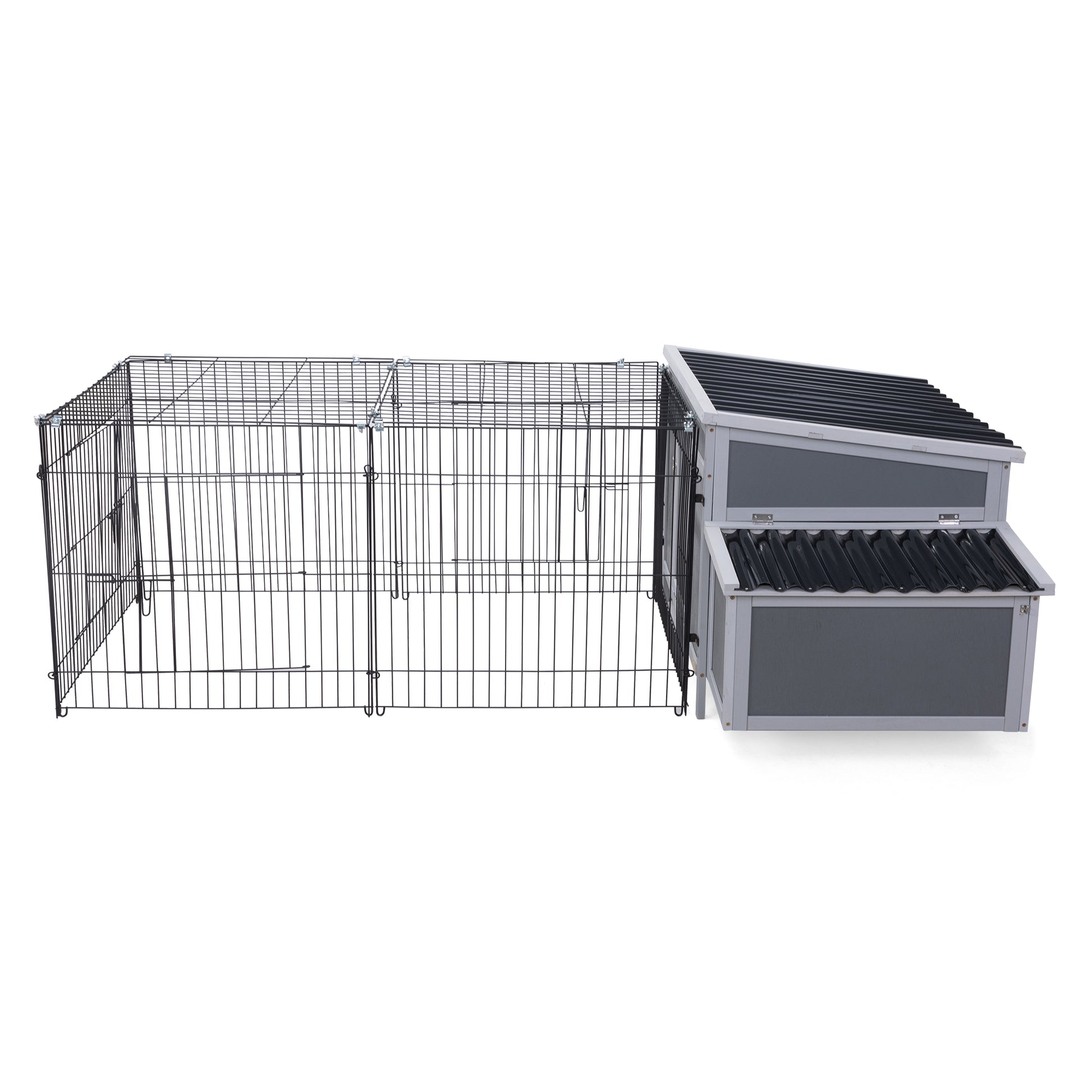 Outdoor Wood Chicken Coop With Wire Mesh Run, Nesting Boxes, Large Poultry House For 3 4 Chickens, Gray And Black Black Gray Metal & Wood