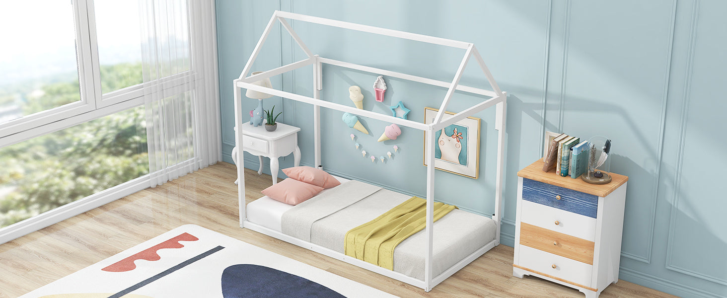 Metal House Shape Platform Bed, Twin White Metal