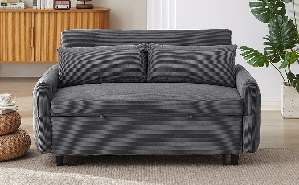 57.48" Pull Out Sofa Bed Convertible Couch 2 Seat Loveseat Sofa Modern Sleeper Sofa With Two Throw Pillows And Usb Ports For Living Room, Dark Grey Dark Grey Foam Corduroy