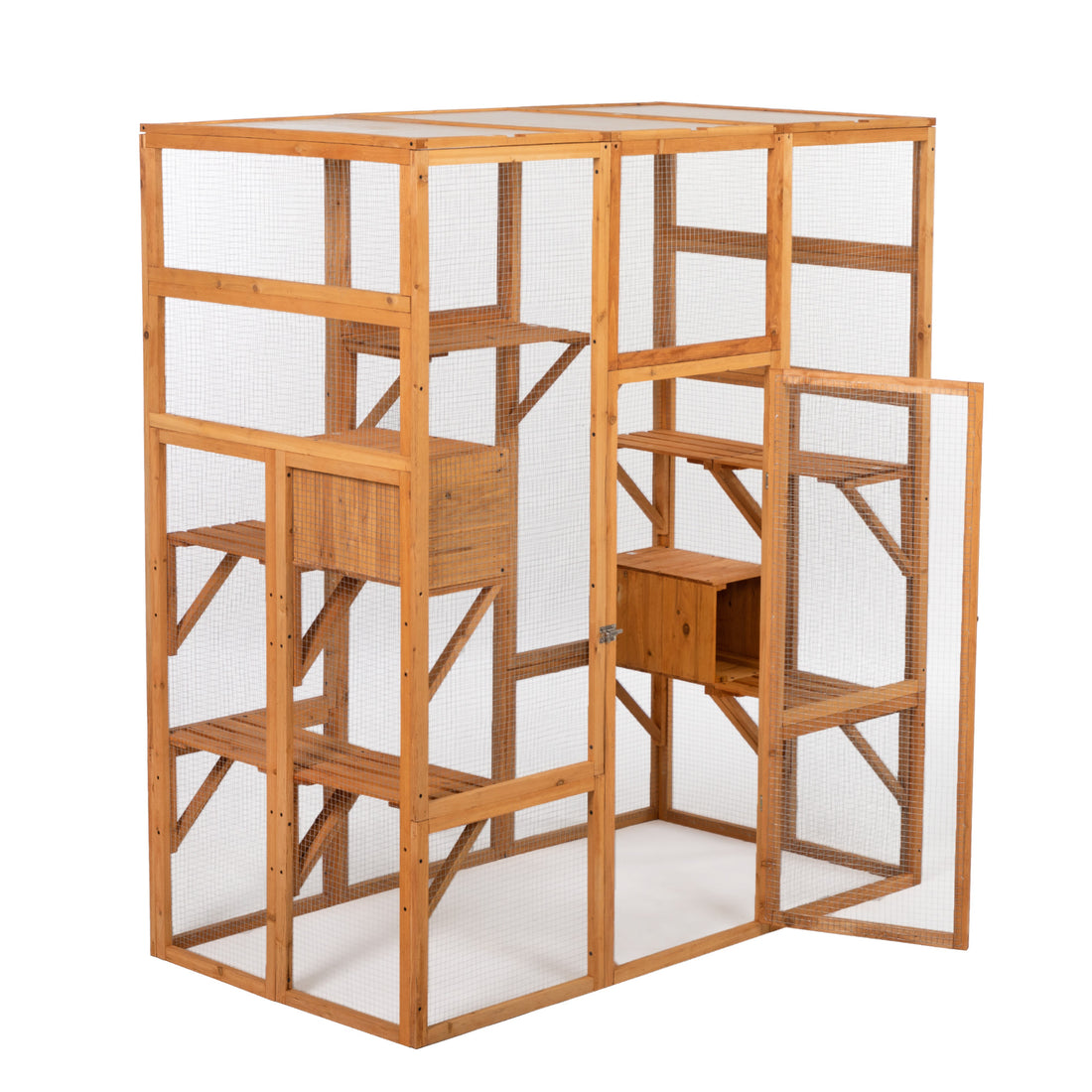 Outdoor Cat Enclosure, Large Wood Cat Cage With Sunlight Top Panel, Perches, Sleeping Boxes, Pet Playpen, Orange Orange Metal & Wood