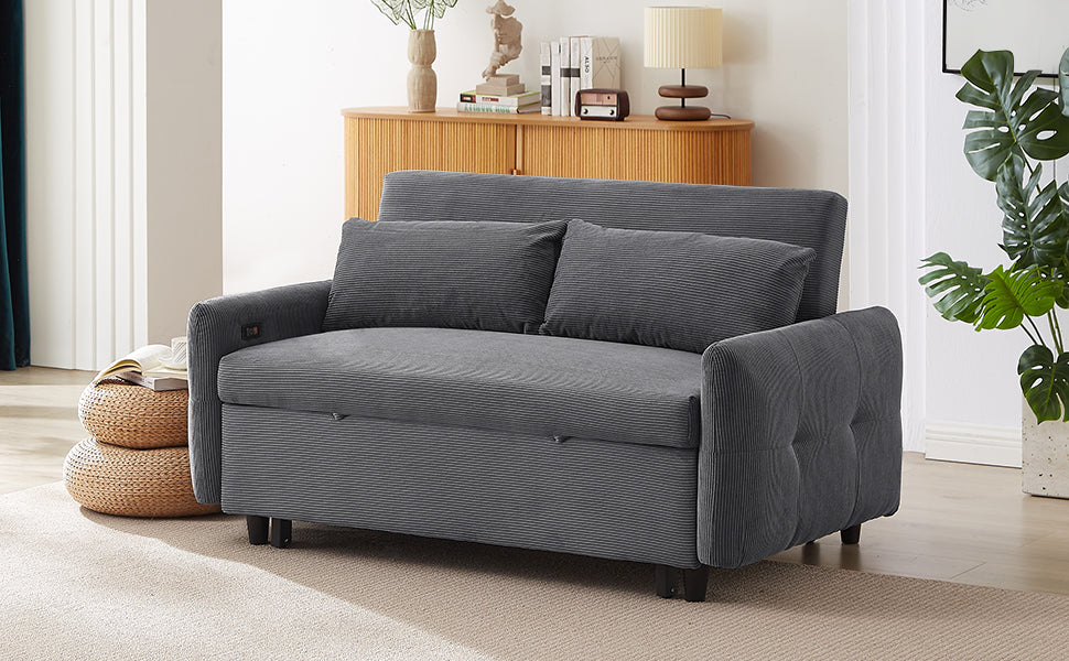 57.48" Pull Out Sofa Bed Convertible Couch 2 Seat Loveseat Sofa Modern Sleeper Sofa With Two Throw Pillows And Usb Ports For Living Room, Dark Grey Dark Grey Foam Corduroy