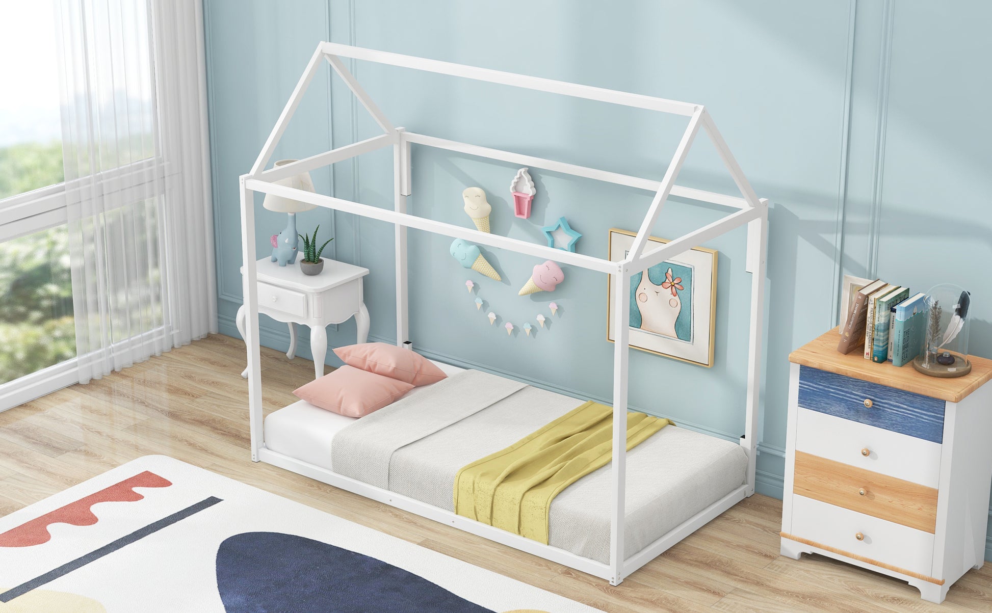 Metal House Shape Platform Bed, Twin White Metal