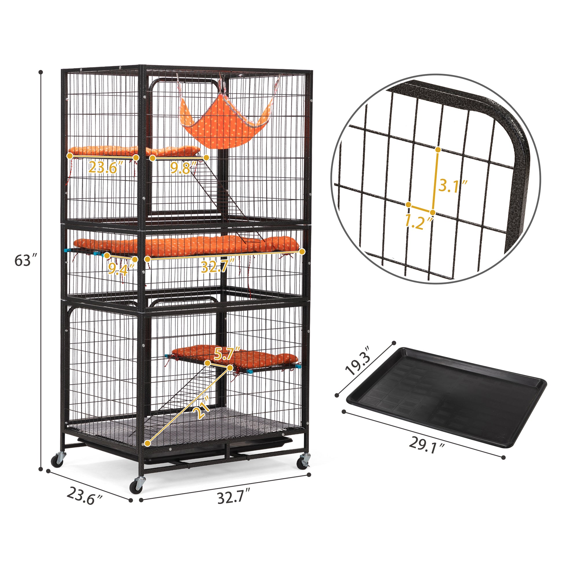 4 Story Pet Cage, Bunny Hutch With Ladder, Lockable Wheels And Removable Tray, Black And Orange Black Metal