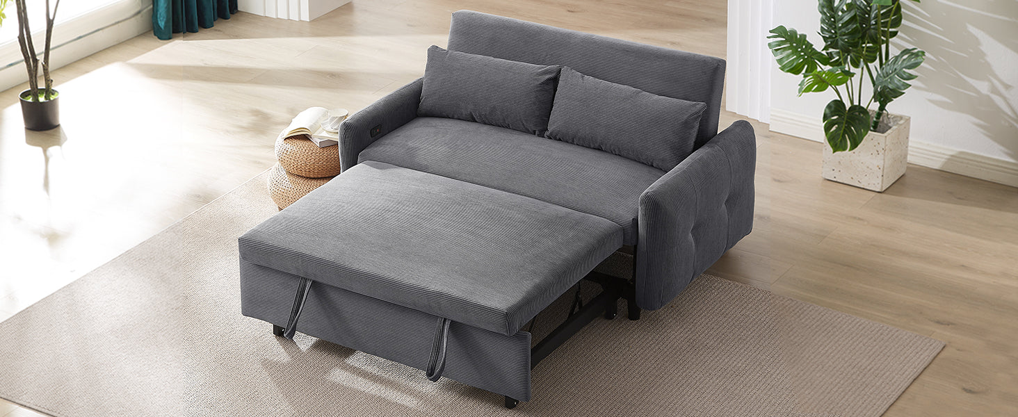 57.48" Pull Out Sofa Bed Convertible Couch 2 Seat Loveseat Sofa Modern Sleeper Sofa With Two Throw Pillows And Usb Ports For Living Room, Dark Grey Dark Grey Foam Corduroy