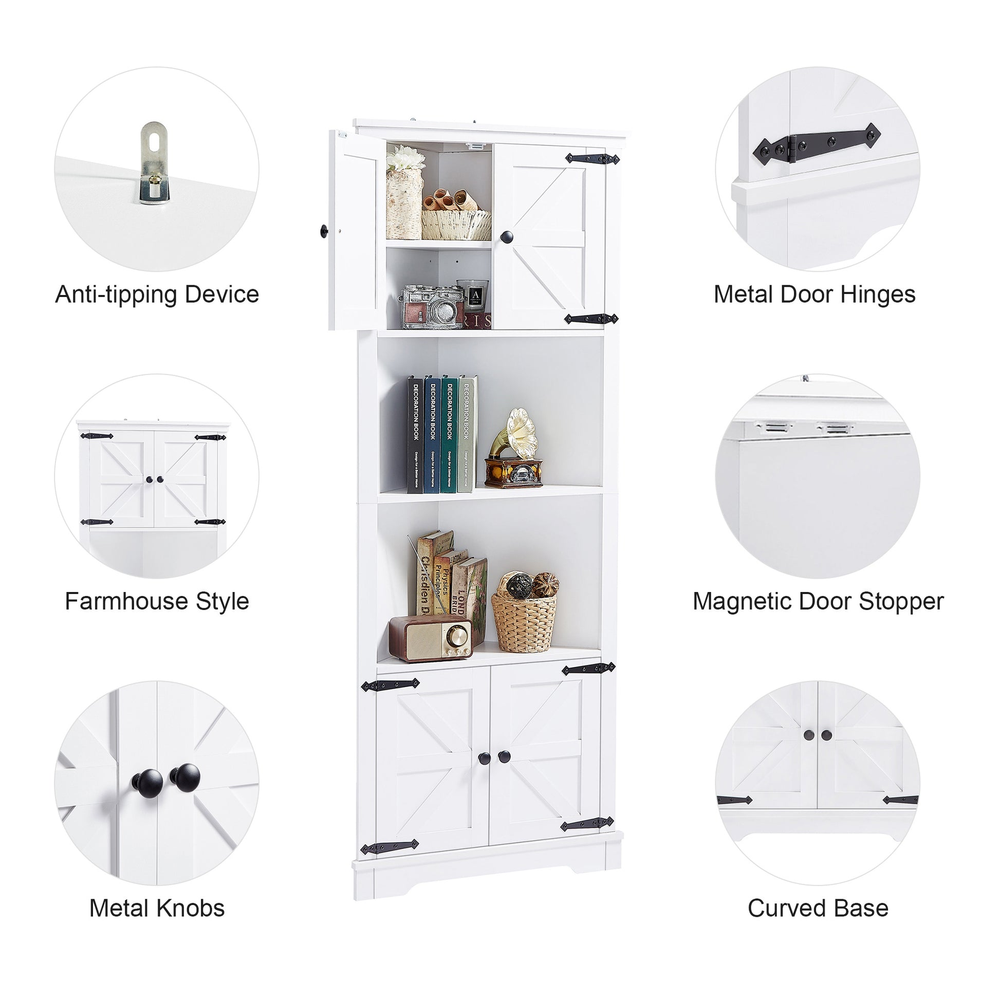 Tall Bathroom Storage Cabinet, Corner Cabinet With Doors And Adjustable Shelf, Mdf Board, White White Mdf