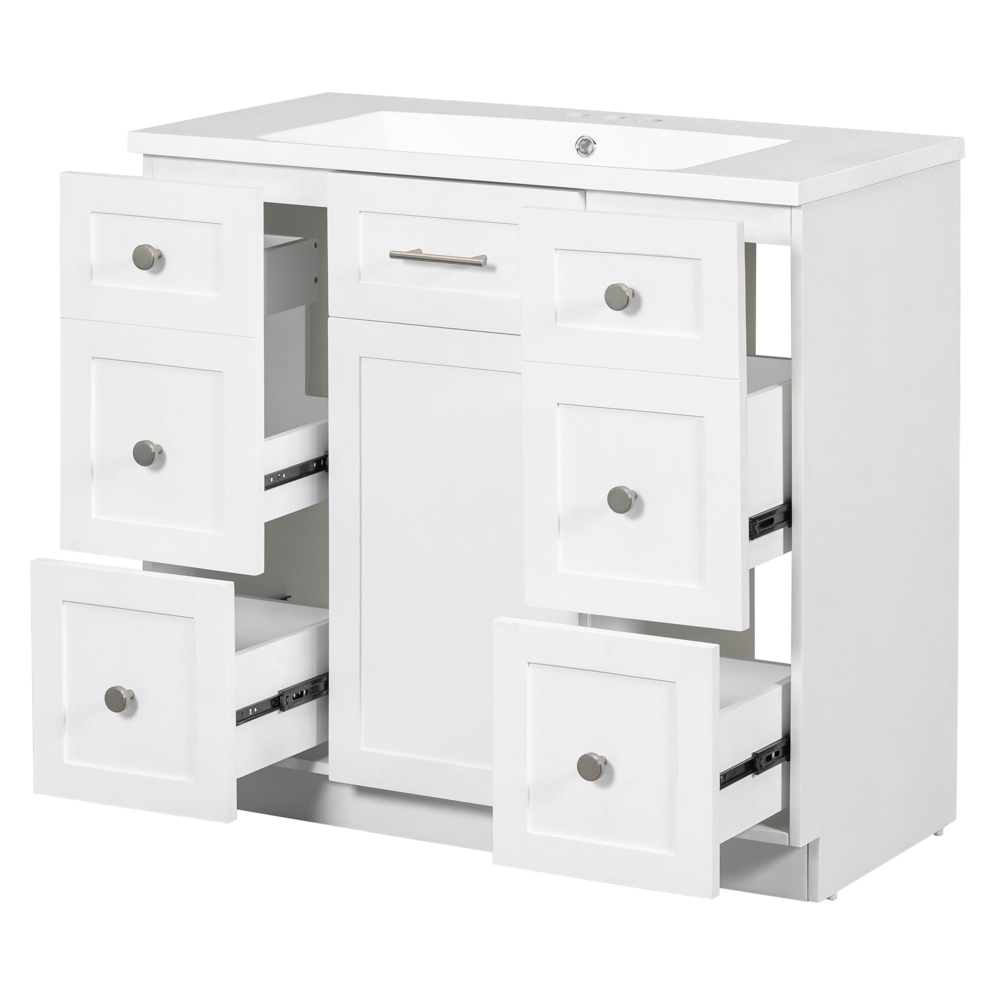 Modern White 36 Inch Freestanding Bathroom Vanity Cabinet With Resin Integrated Basin With 4 Drawers 1 Soft Close Door, Multi Functional Storage White Mdf