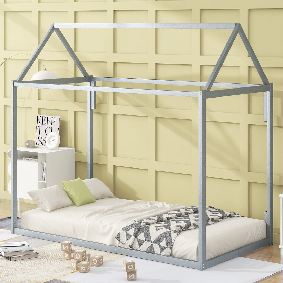 Metal House Shape Platform Bed, Twin Silver Metal