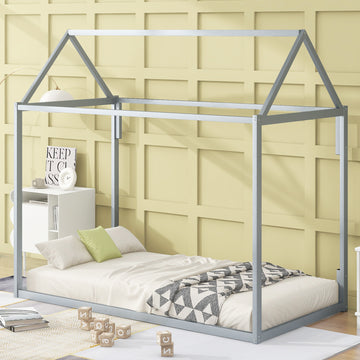 Metal House Shape Platform Bed, Twin Silver Metal