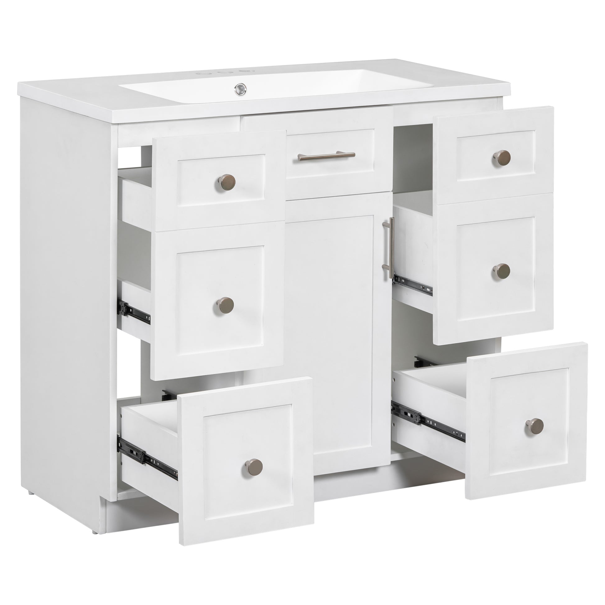 Modern White 36 Inch Freestanding Bathroom Vanity Cabinet With Resin Integrated Basin With 4 Drawers 1 Soft Close Door, Multi Functional Storage White Mdf