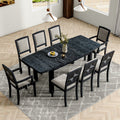 Rustic Extendable 84Inch Dining Table Set With 24Inch Removable Leaf6 Upholstered Armless Dining Chairs And 2 Padded Arm Chairs, 9 Pieces, Black Wood Dining Room Extendable Rubberwood Rectangular Dining Table With Chair Upholstered Chair Wood Black Gray
