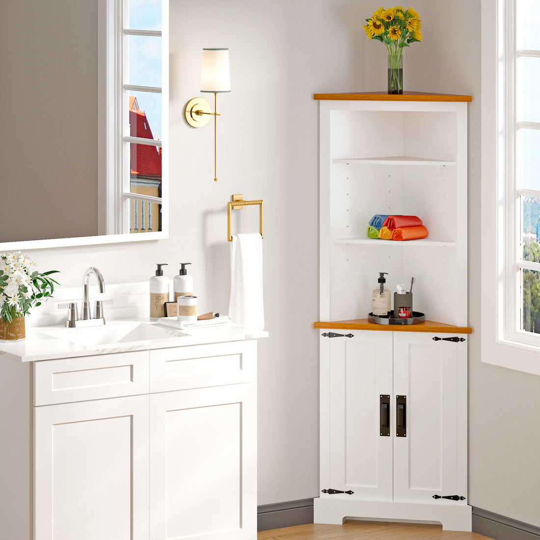 Corner Cabinet Dresser Cabinet Barcabinet Corner Bathroom Cabinet With 2 Doors And 3 Tier Shelves Free Standing Corner Storage Cabinet For Bathroom, Living Room, Bedroom Or Kitchen ,Color:White Brown 5 Or More Spaces Antique White Primary Living Space