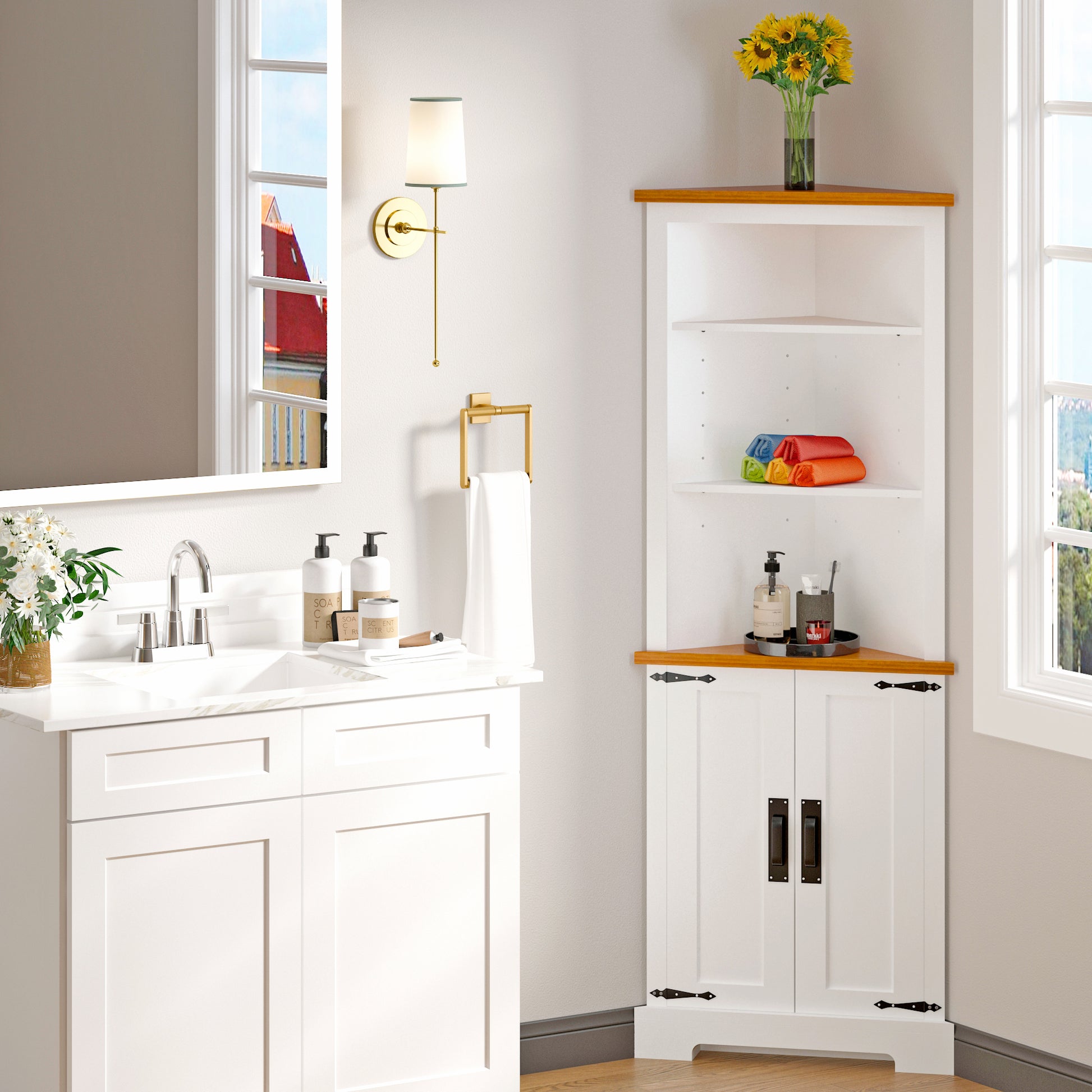 Corner Cabinet Dresser Cabinet Barcabinet Corner Bathroom Cabinet With 2 Doors And 3 Tier Shelves Free Standing Corner Storage Cabinet For Bathroom, Living Room, Bedroom Or Kitchen ,Color:White Brown 5 Or More Spaces Antique White Primary Living Space