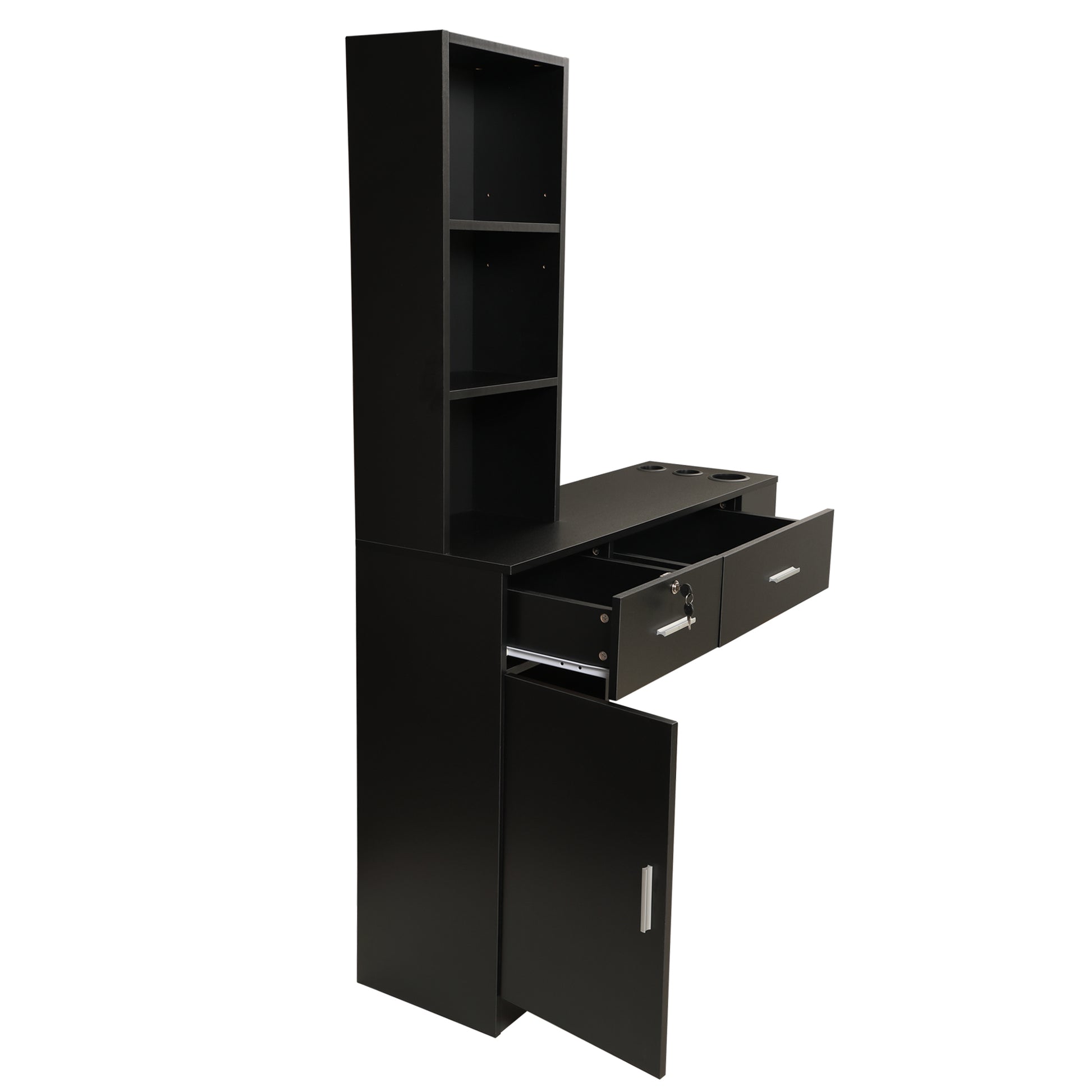 Wall Mount Hair Styling Barber Station Beauty Hair Salon Spa Equipment Set W 3 Tier Shelf, Lockable Drawer, Black Black Particle Board