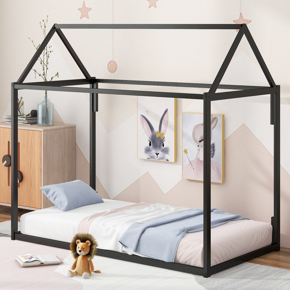 Metal House Shape Platform Bed, Twin Black Metal
