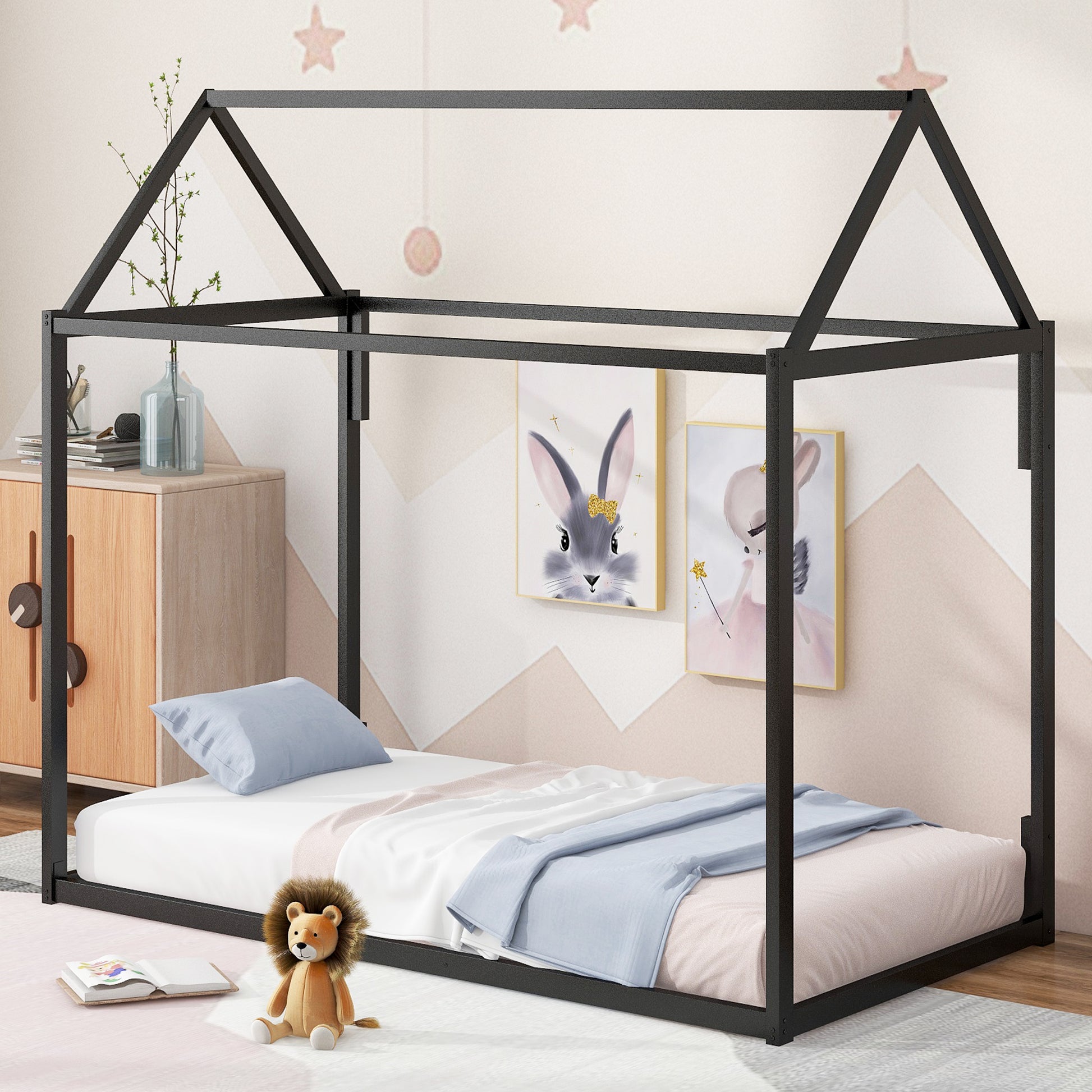 Metal House Shape Platform Bed, Twin Black Metal