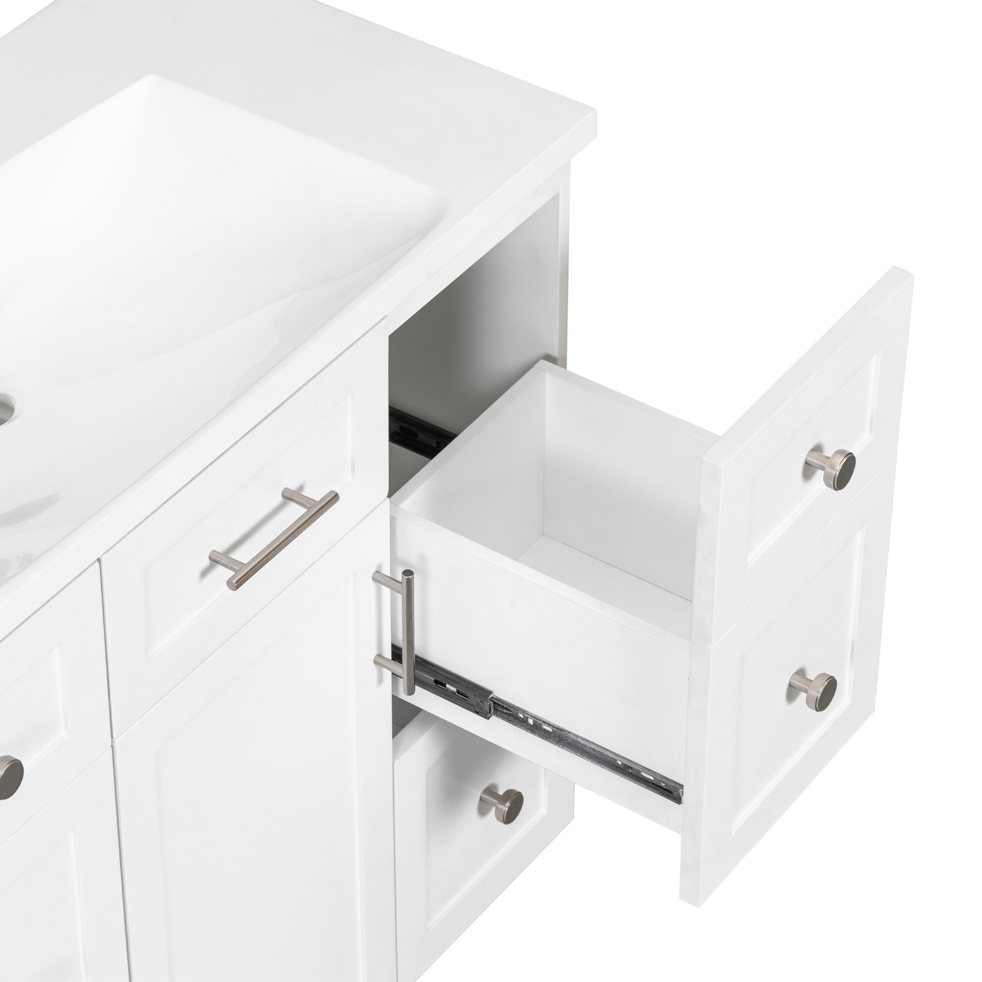 Modern White 36 Inch Freestanding Bathroom Vanity Cabinet With Resin Integrated Basin With 4 Drawers 1 Soft Close Door, Multi Functional Storage White Mdf