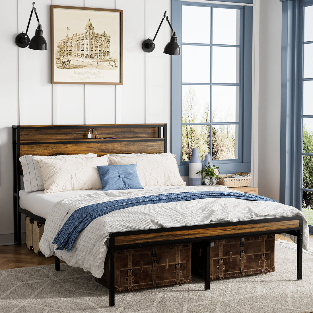 Queen Size Bed Frame, Storage Headboard With Led Light, Charging Station, Solid And Stable, Noise Free, No Box Spring Needed, Easy Assembly, Vintage Brown Box Spring Not Required Queen Antique Brown Iron Brown Bedroom American Design Bed Frame Particle