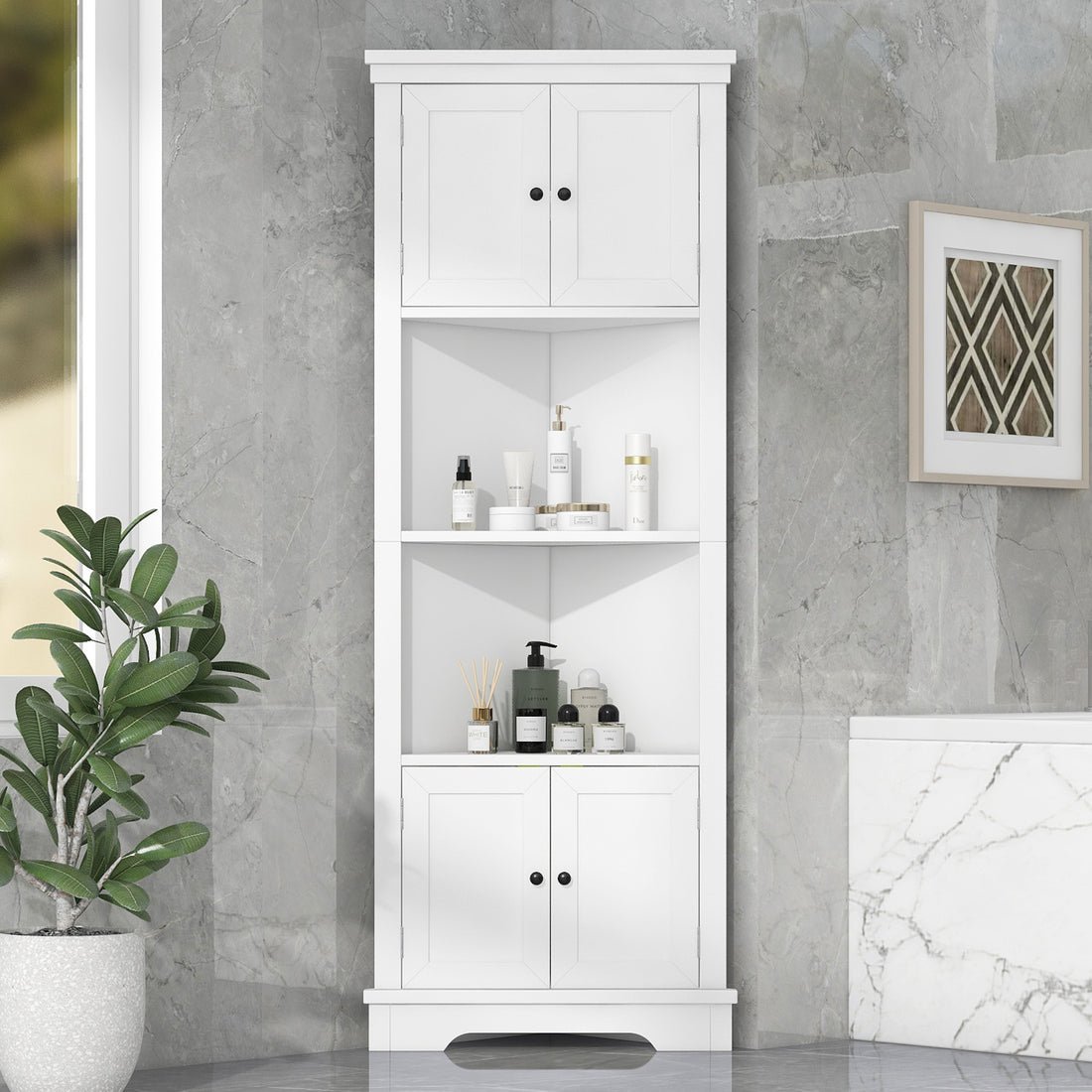 Tall Bathroom Storage Cabinet, Corner Cabinet With Doors And Adjustable Shelf, Mdf Board, White White Mdf