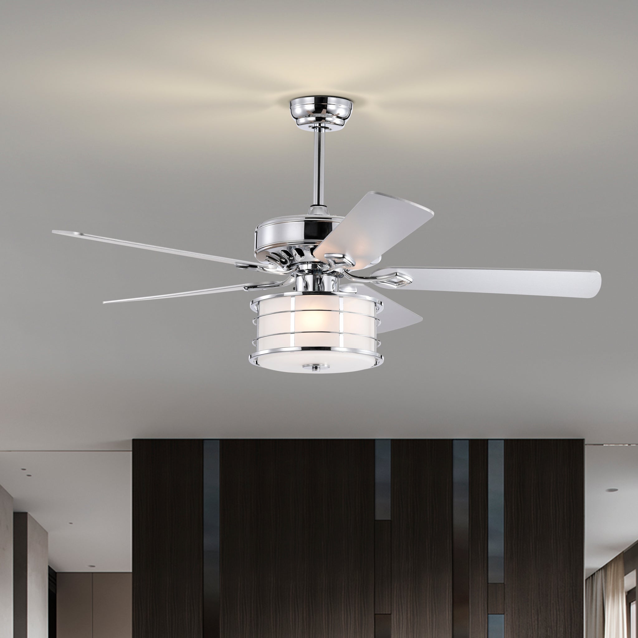 52" 3 Light Chrome Drum Shade Led Ceiling Fan Remote, Traditional Farmhouse Rustic Industrial Bohemian Country Cottage Transitional Glam For Home, Kitchen, Living Room Chrome American Design,American Traditional,Classic,Contemporary,Farmhouse Metal