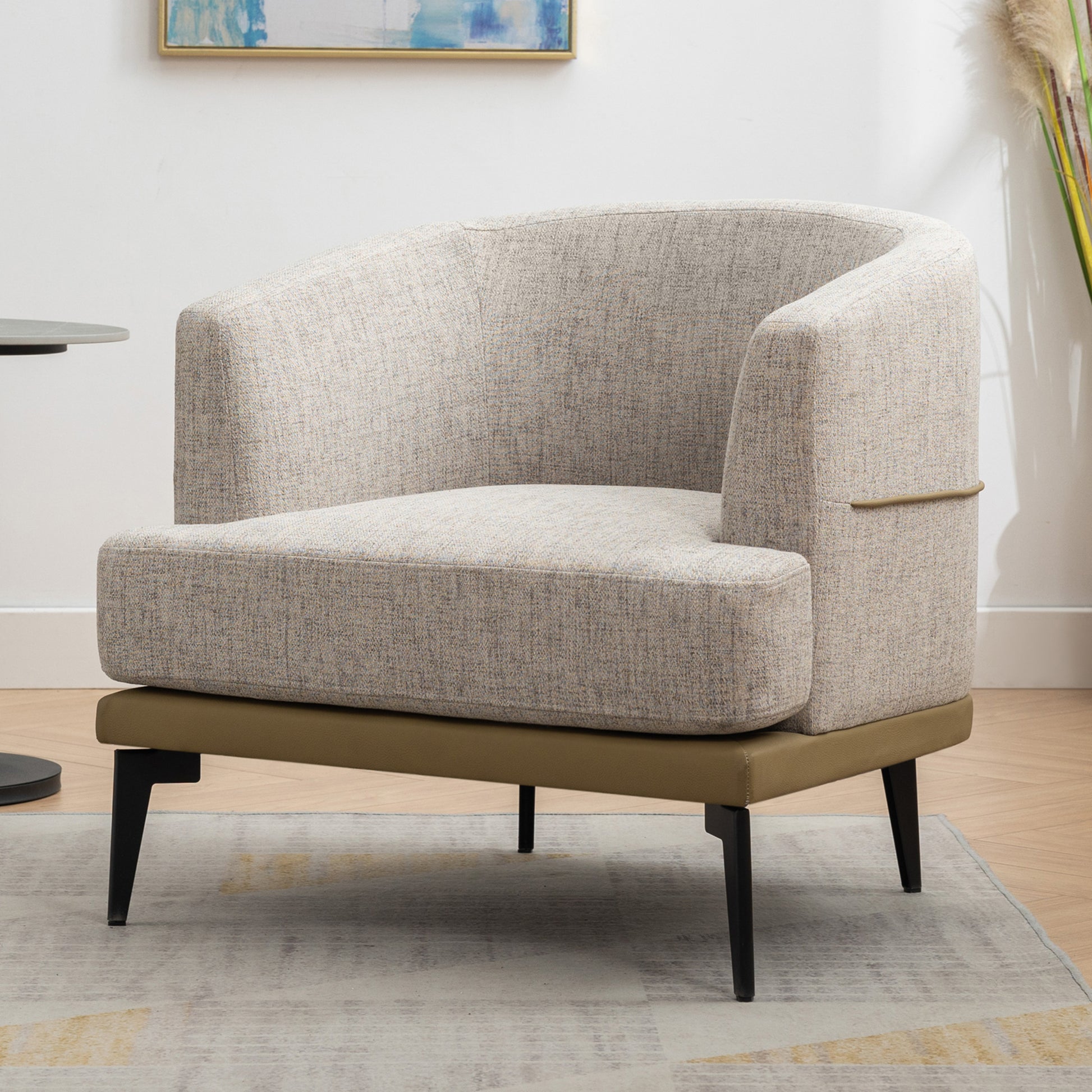 Modern Two Tone Barrel Fabric Chair, Upholstered Round Armchair For Living Room Bedroom Reading Room, Mustard Green Mustard Linen
