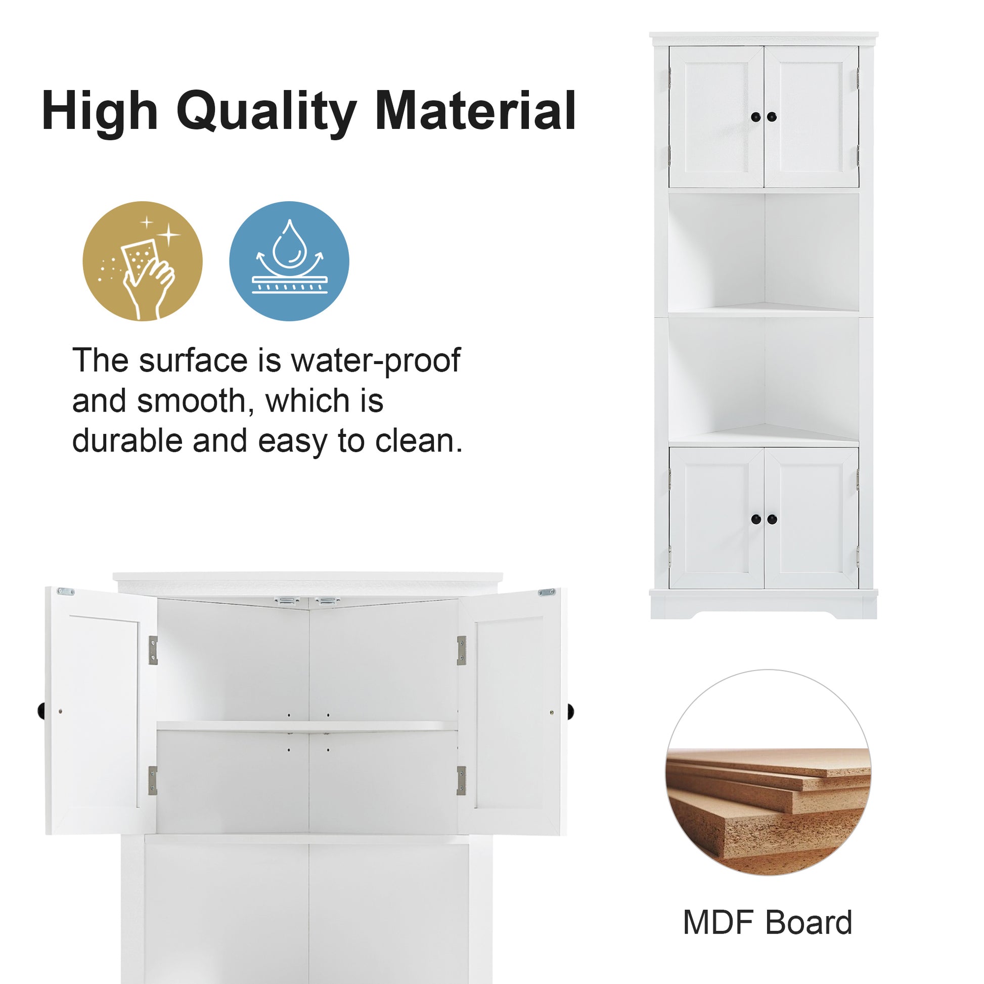 Tall Bathroom Storage Cabinet, Corner Cabinet With Doors And Adjustable Shelf, Mdf Board, White White Mdf