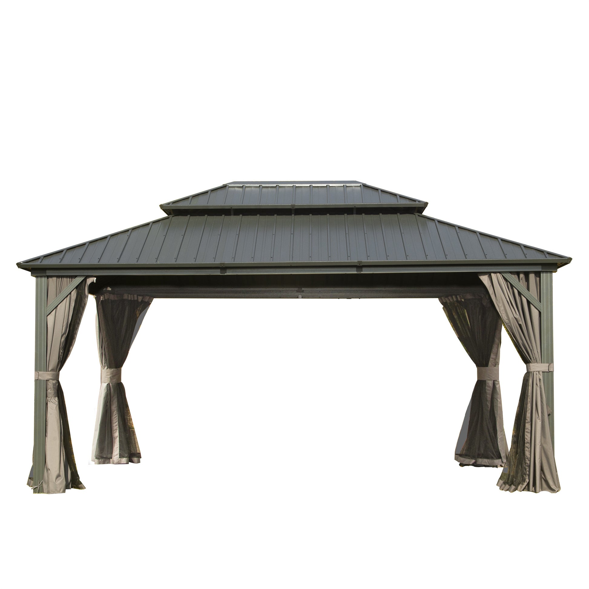 12' X 16' Hardtop Gazebo, Aluminum Metal Gazebo With Galvanized Steel Double Roof Canopy, Curtain And Netting, Permanent Gazebo Pavilion For Patio, Backyard, Deck, Lawn Gray Aluminum