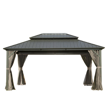 12' X 14' Hardtop Gazebo, Aluminum Metal Gazebo With Galvanized Steel Double Roof Canopy, Curtain And Netting, Permanent Gazebo Pavilion For Patio, Backyard, Deck, Lawn Gray Aluminum