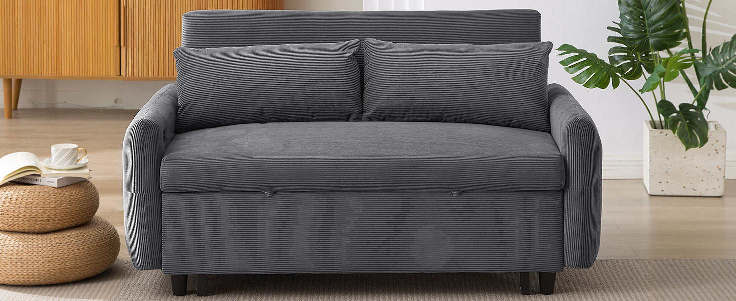 57.48" Pull Out Sofa Bed Convertible Couch 2 Seat Loveseat Sofa Modern Sleeper Sofa With Two Throw Pillows And Usb Ports For Living Room, Dark Grey Dark Grey Foam Corduroy