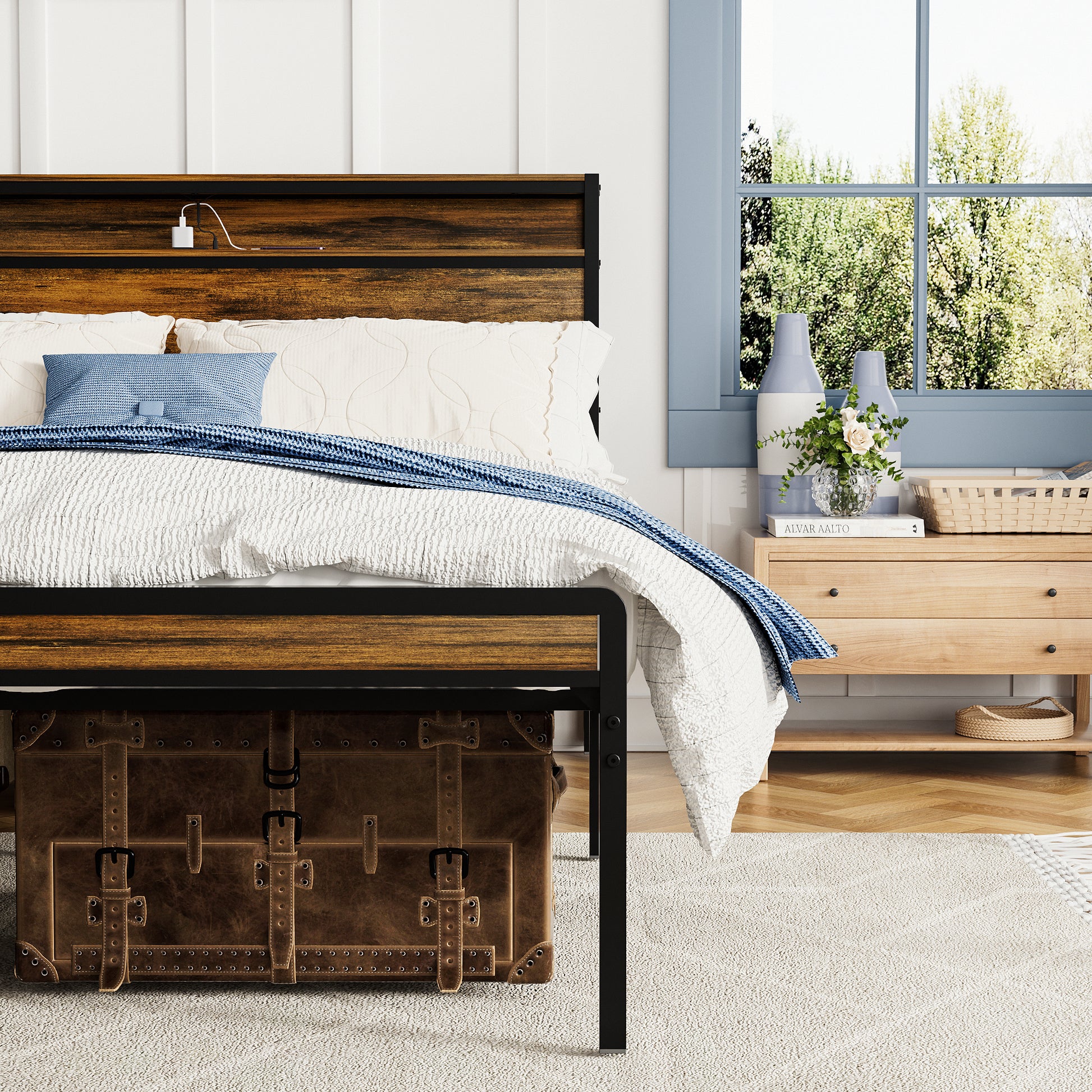 Queen Size Bed Frame, Storage Headboard With Led Light, Charging Station, Solid And Stable, Noise Free, No Box Spring Needed, Easy Assembly, Vintage Brown Box Spring Not Required Queen Antique Brown Iron Brown Bedroom American Design Bed Frame Particle