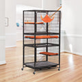 4 Story Pet Cage, Bunny Hutch With Ladder, Lockable Wheels And Removable Tray, Black And Orange Black Metal