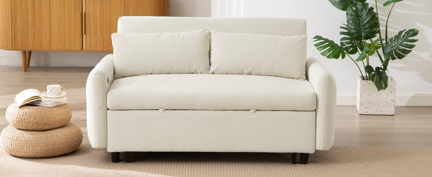 57.48" Pull Out Sofa Bed Convertible Couch 2 Seat Loveseat Sofa Modern Sleeper Sofa With Two Throw Pillows And Usb Ports For Living Room, Beige Old Sku:Wf317760Aaa Beige Foam Corduroy 2 Seat