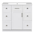 Modern White 36 Inch Freestanding Bathroom Vanity Cabinet With Resin Integrated Basin With 4 Drawers 1 Soft Close Door, Multi Functional Storage White Mdf