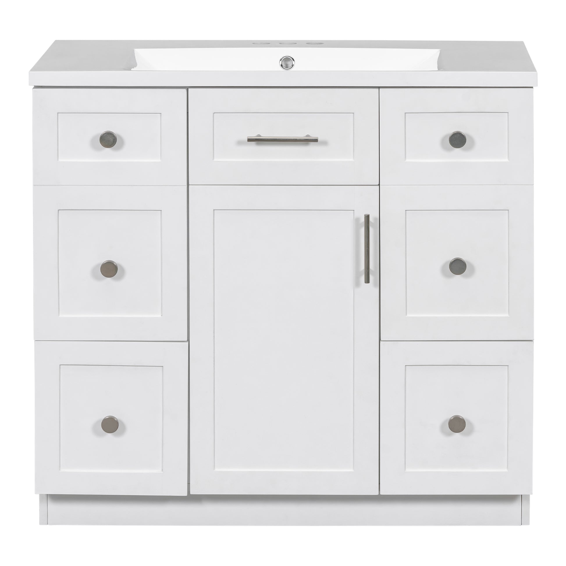 Modern White 36 Inch Freestanding Bathroom Vanity Cabinet With Resin Integrated Basin With 4 Drawers 1 Soft Close Door, Multi Functional Storage White Mdf