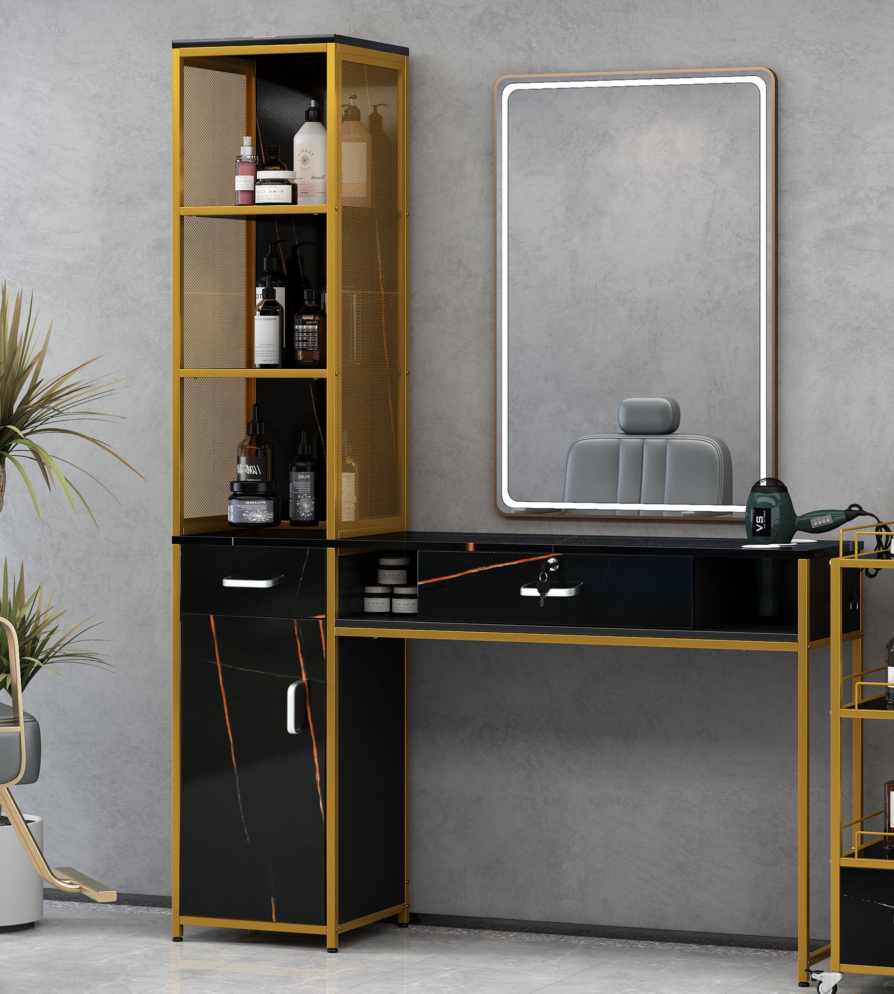 Barber Salon Station For Hair Stylist,Beauty Salon Station With Lockable Drawer, Left Shelf And Storage Cabinet, Beauty Spa Equipment, Mirror Not Included,Black Gold White Modern Mdf Mdf Metal