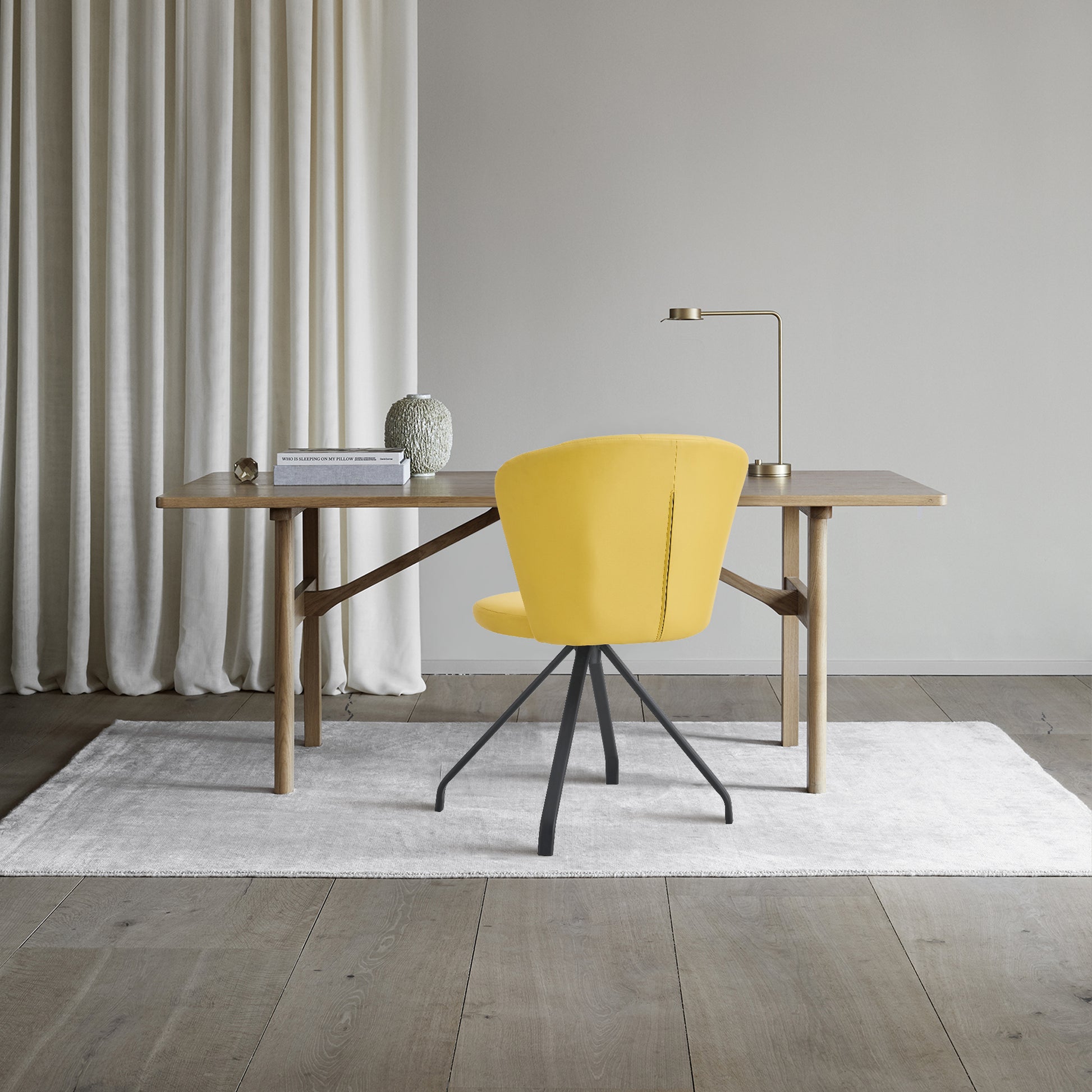 Light Yellow 360 Swivel Makeup Home Office Chair, Pu Vanity Chair, Nail Chair For Women, Queen Fancy Chair For Girls,Upholstered Chair With Black Metal Legs For Dining Room Bedroom And Living Room Metal Stripe Light Yellow Dining Room Sponge Dry Clean